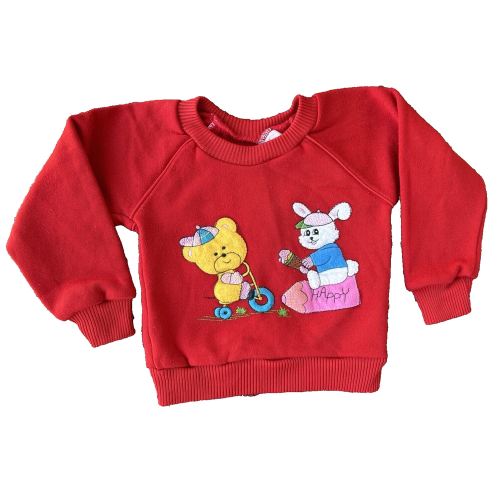 80s Vintage Baby Sweatshirt 18M Infant Sweater Red Bunny Bear